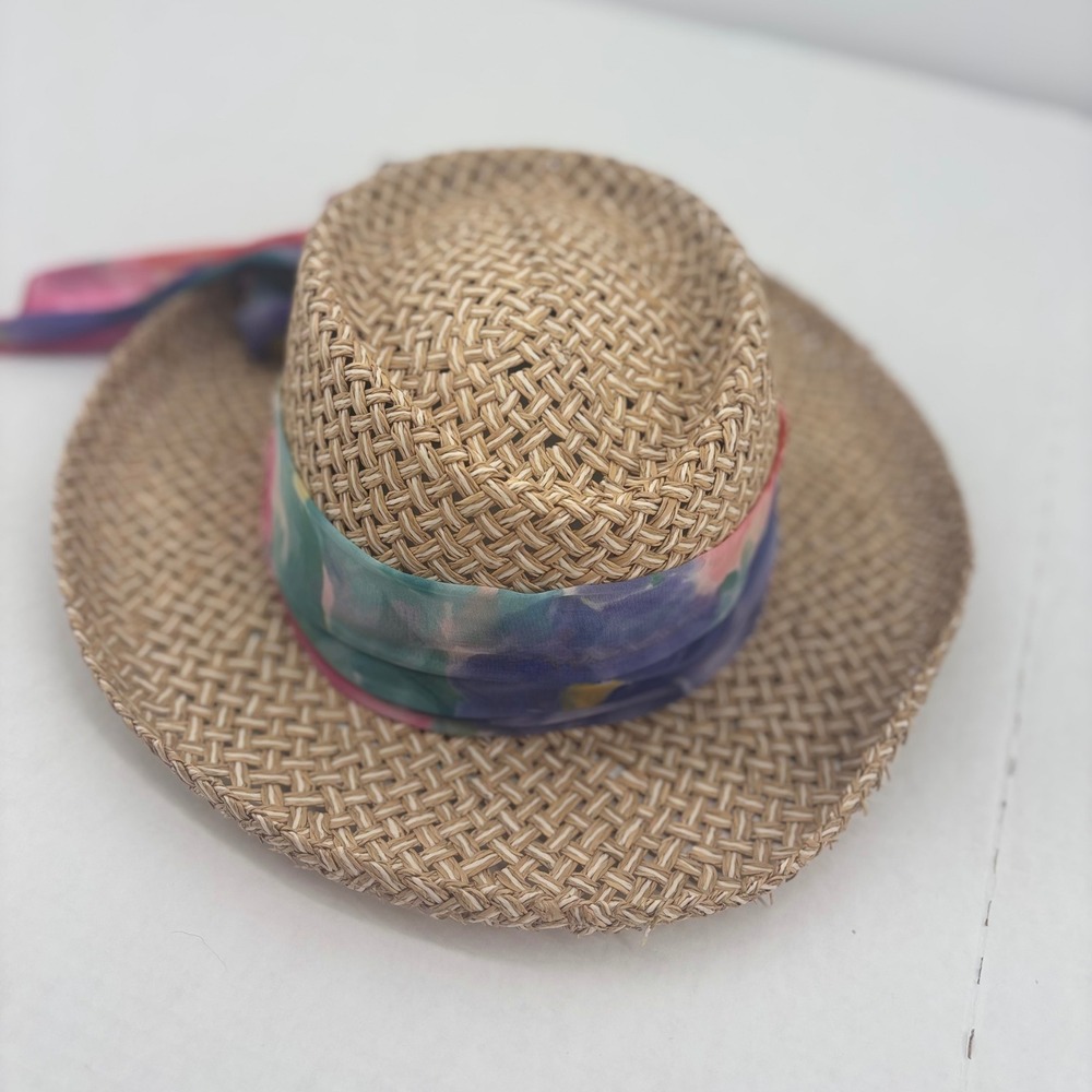 Woven Straw Sun Hat Scarf Bow union made usa ladies golf coastal grandma resort